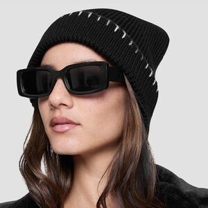 Rebecca Minkoff Roxy Wool Blend Whipped Stitched Cuff Beanie Black White New!